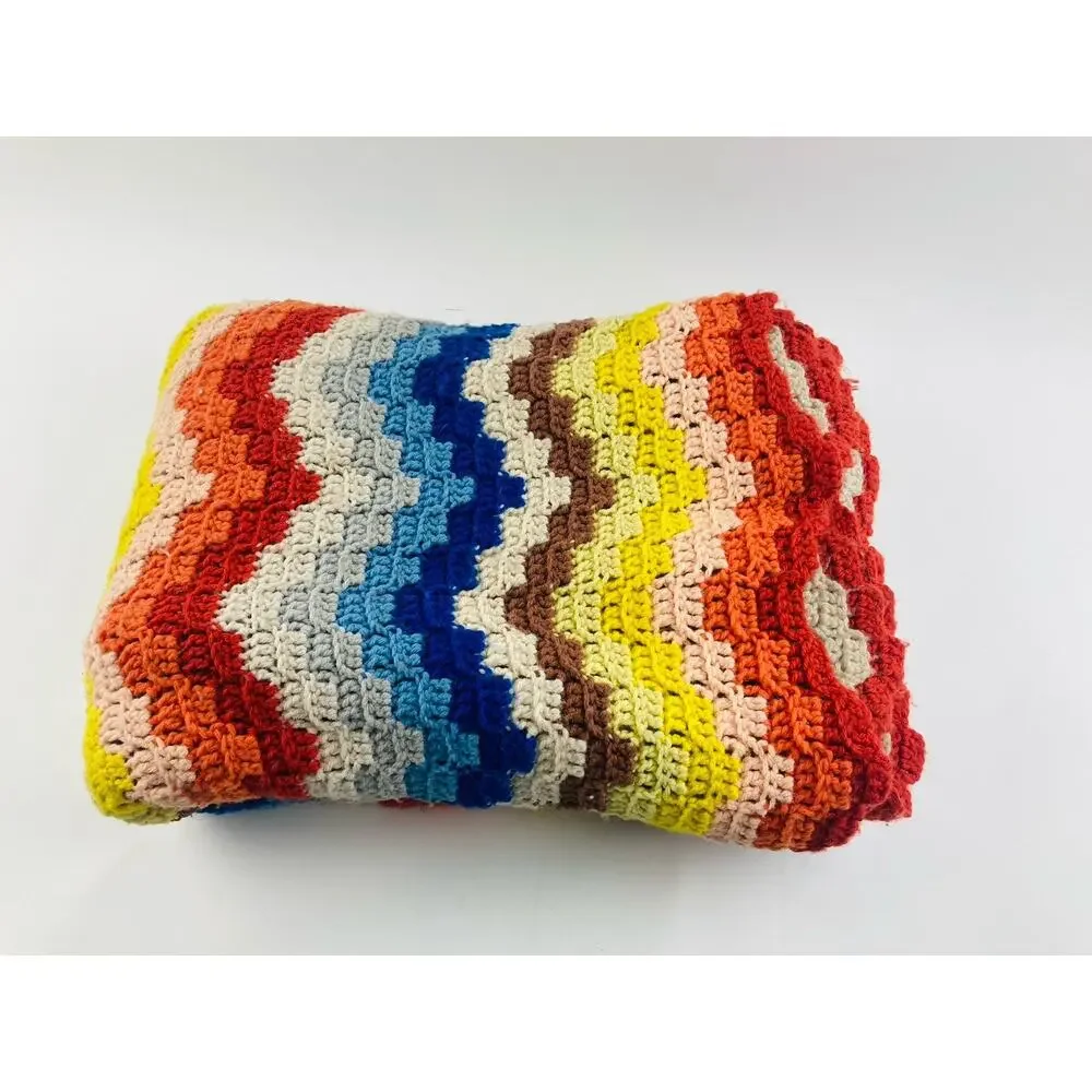 Vintage 70s 80s Handmade Afghan Crochet Blanket Wave Chevron Sunset Fall Blue Or